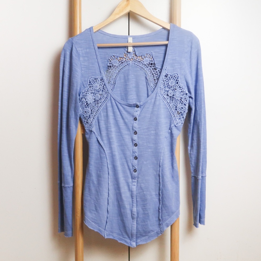 SOLD Free People | Keepsake Long Sleeve Crochet Inset Slub Henley Top - Picture 2 of 9